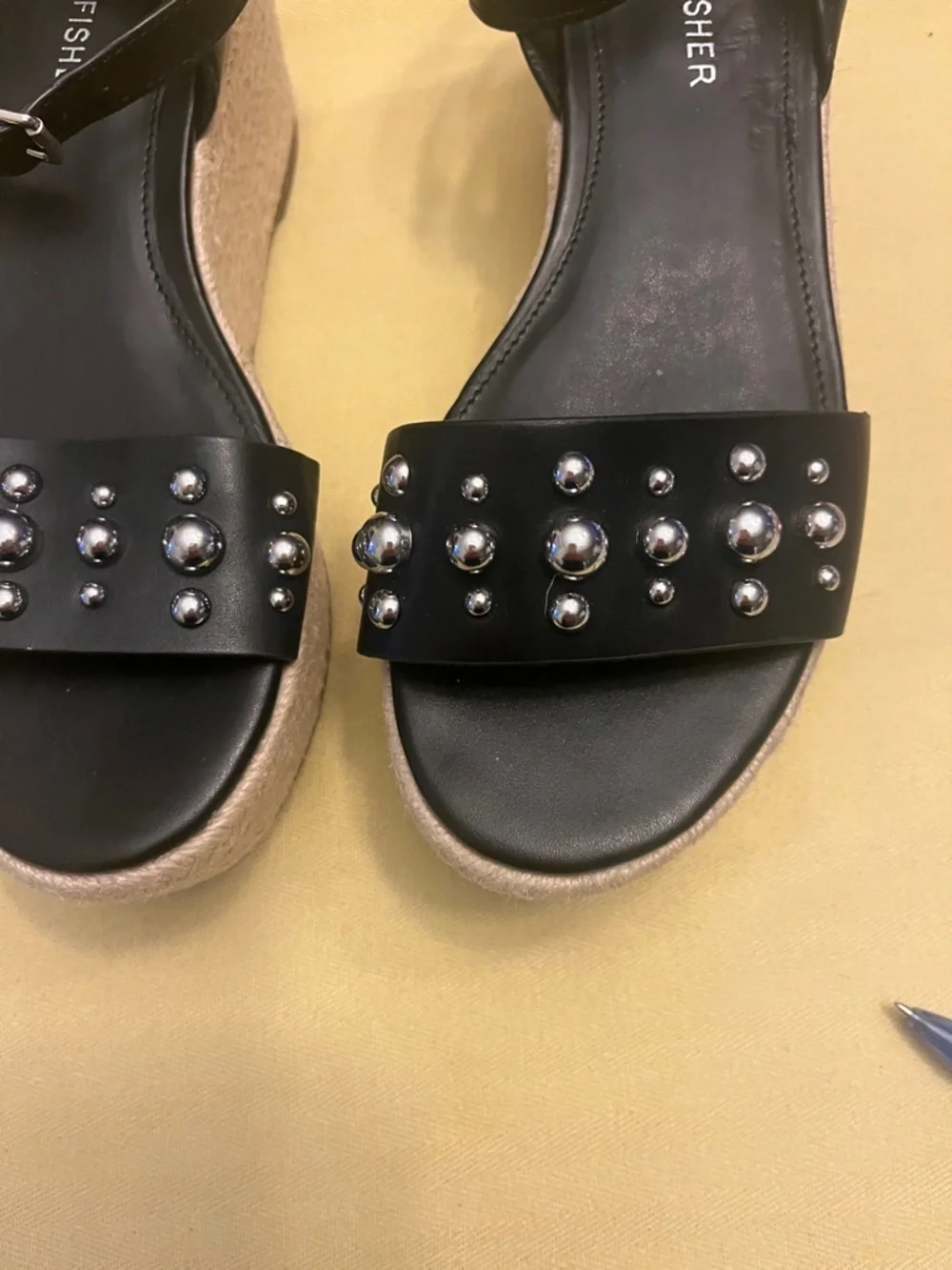 Marc Fisher Black Studded Espadrille Wedge Sandals with Ankle Strap size 6